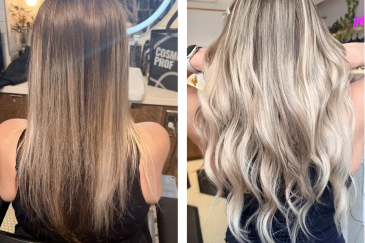 Balayage transformation from dark grown-out hair to bright blonde at Park & Eve