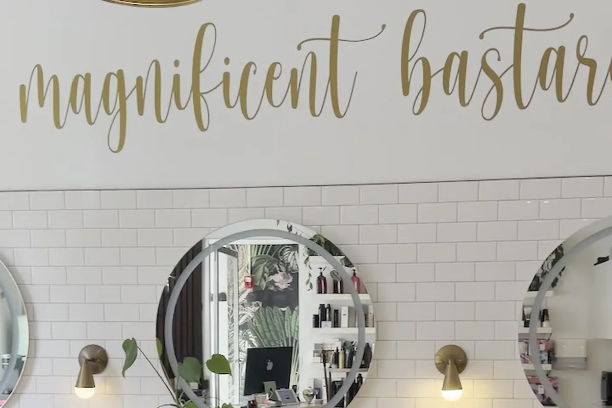 Styling stations and round mirrors at Park & Eve Hair Studio in Downtown Los Angeles