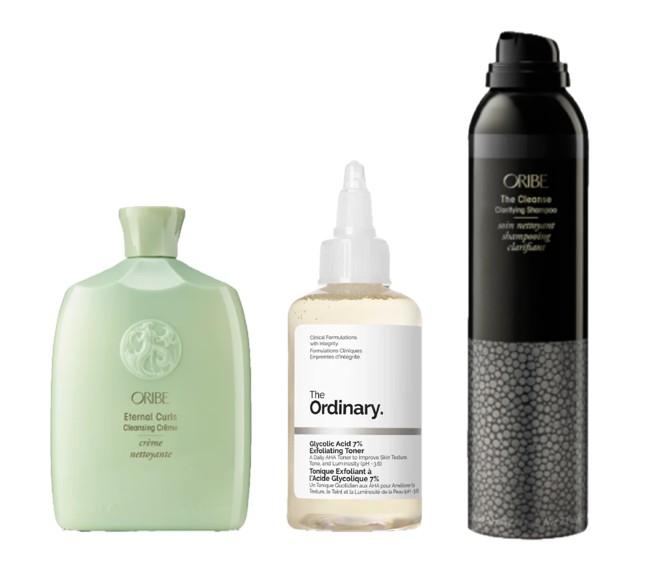The three-product routine: Oribe cleansing creme, The Ordinary Glycolic Acid 7% exfoliating toner, and Oribe clarifying shampoo